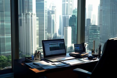 Na obrázku je pracovný stôl s notebookom, obklopený kancelárskymi potrebami a papiermi. V pozadí je veľké okno s výhľadom na moderné mesto s výškovými budovami.