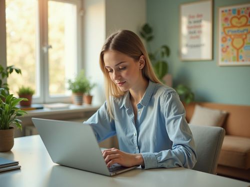 Osoba sediaca pri stole s notebookom, v pozadí sú rastliny a obrazy na stene.