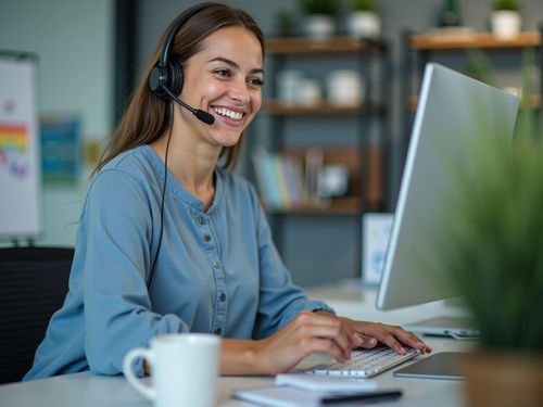 Osoba sedi pri stole s počítačom a nosí slúchadlá s mikrofónom. Má na sebe modrú košeľu a usmieva sa. Na stole je biela šálka a v pozadí sú regály s rastlinami.