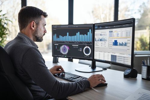 Muž pracuje na počítači s dvoma monitorami zobrazujúcimi grafy a dáta.
