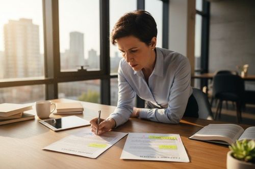 Žena pracuje pri stole, sústredene píše do dokumentov. Na stole sú aj otvorená kniha, šálka a tablet. Okno v pozadí ponúka výhľad na mesto.