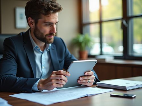 Osoba v obleku sedí pri stole a drží tablet. Na stole sú rozložené dokumenty a iné kancelárske potreby. V pozadí je veľké okno.