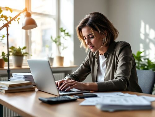 Žena pracuje na notebooku pri stole v slnečne osvetlenej kancelárii s rastlinami na pozadí.