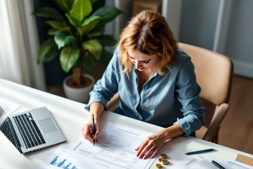 Osoba sediaca pri stole, pracujúca s dokumentmi, vedľa nej je notebook.