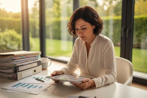 Žena sediaca pri stole s dokumentmi a grafmi, sústredene sa pozerá na papier. V pozadí sú veľké okná s výhľadom na záhradu.