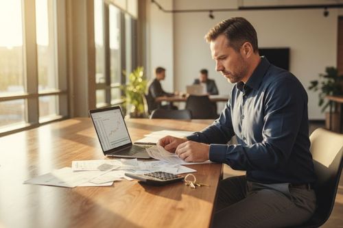 Muž sedí pri stole v kancelárii, pracuje na notebooku a má pred sebou papiere a kalkulačku. Oblečený je v modrej košeli a sústredene sa pozerá na dokumenty. V pozadí sú ďalší ľudia pracujúci pri stole.