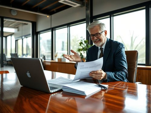 Muž v obleku sedí pri stole v modernej kancelárii, drží dokumenty a usmieva sa. Na stole je otvorený laptop a ďalšie papiere.