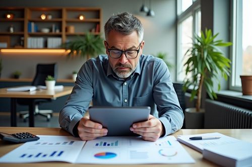 Muž v kancelárii sedí pri stole a pozerá na tablet. Na stole sú rozložené dokumenty s grafmi a kalkulačka. V pozadí sú police s knihami a rastlinami.