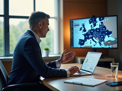 Muž v obleku pracuje na notebooku v kancelárii. Na stole má pohár vody a poznámkový blok. V pozadí je na obrazovke mapa Európy.