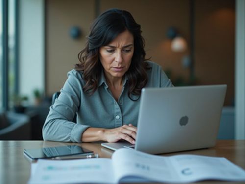 Žena pracuje na prenosnom počítači, sústredene sa pozerá na obrazovku. Na stole pred ňou sú dokumenty a pero. Oblečená je v šedej košeli a nachádza sa v modernej kancelárii.