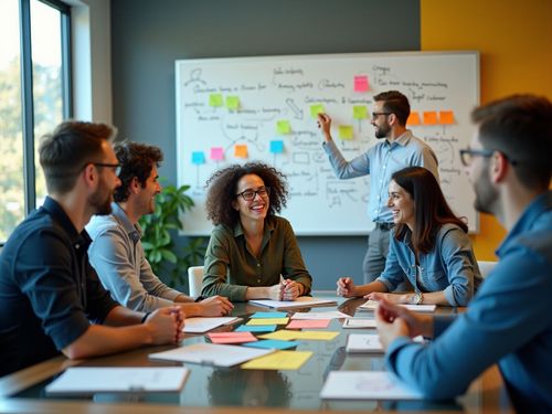 Skupina ľudí sedí okolo stola a diskutuje. Na stole sú farebné post-it lístky a papiere. V pozadí je tabuľa s poznámkami a diagramami, na ktorú jeden človek ukazuje. Atmosféra je uvoľnená a priateľská.